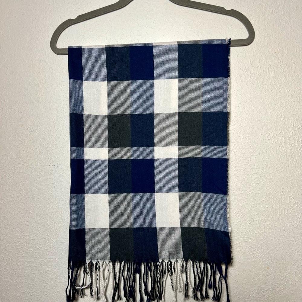 Plush Apparel - Ultra Soft Plaid Fringe Scarf in Blue and Gray